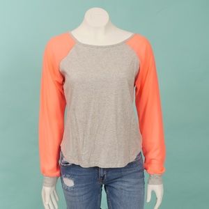 Forever 21 Gray Baseball Top with Pink Sheer Neon Sleeves Medium